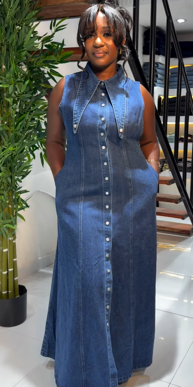 Short Sleeve Denim Dress - 3XL